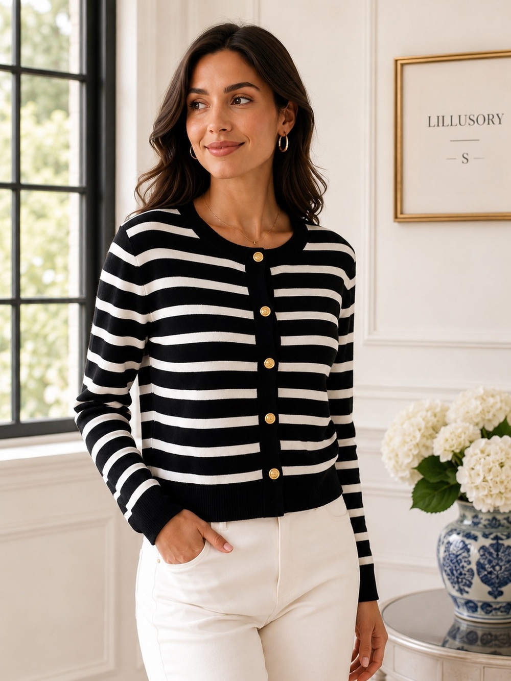 LILLUSORY Black White Striped Gold Button Cardigan Sweater S